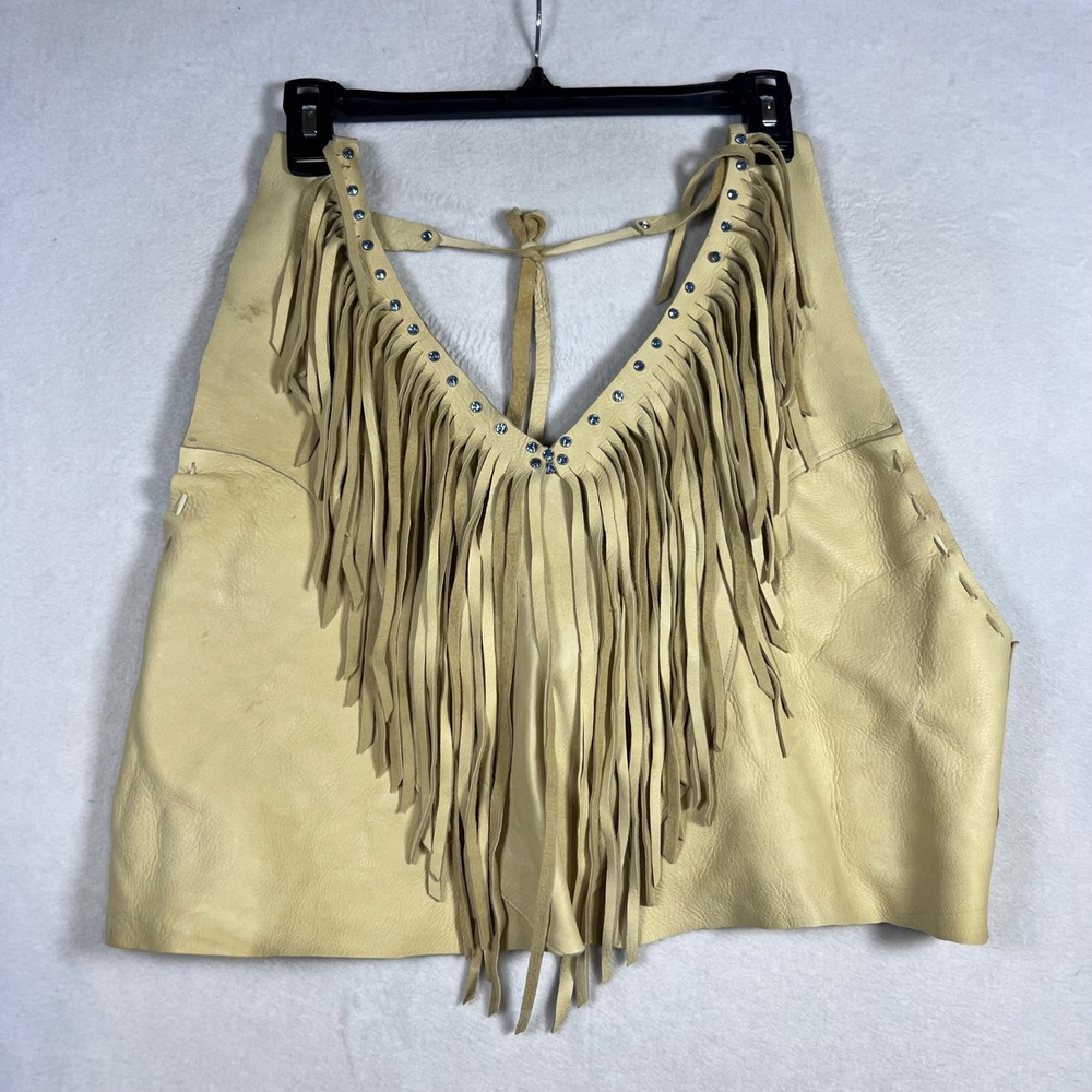 Vintage Handmade Tan Leather Fringe Halter Top Turquoise Studded Western Boho
